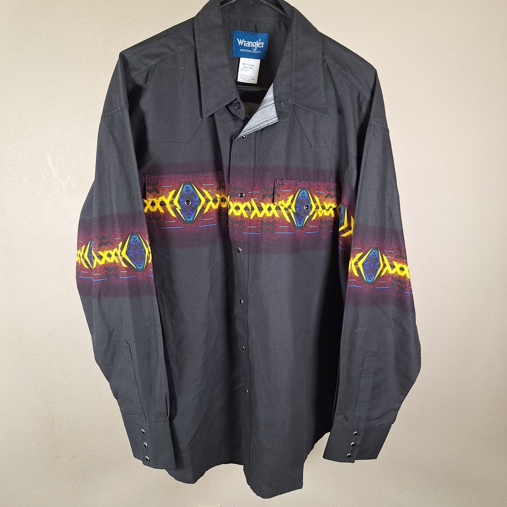 Wrangler Vintage Western Aztec Pearl Snap Long Sleeve Wrap Around Black Mens XL